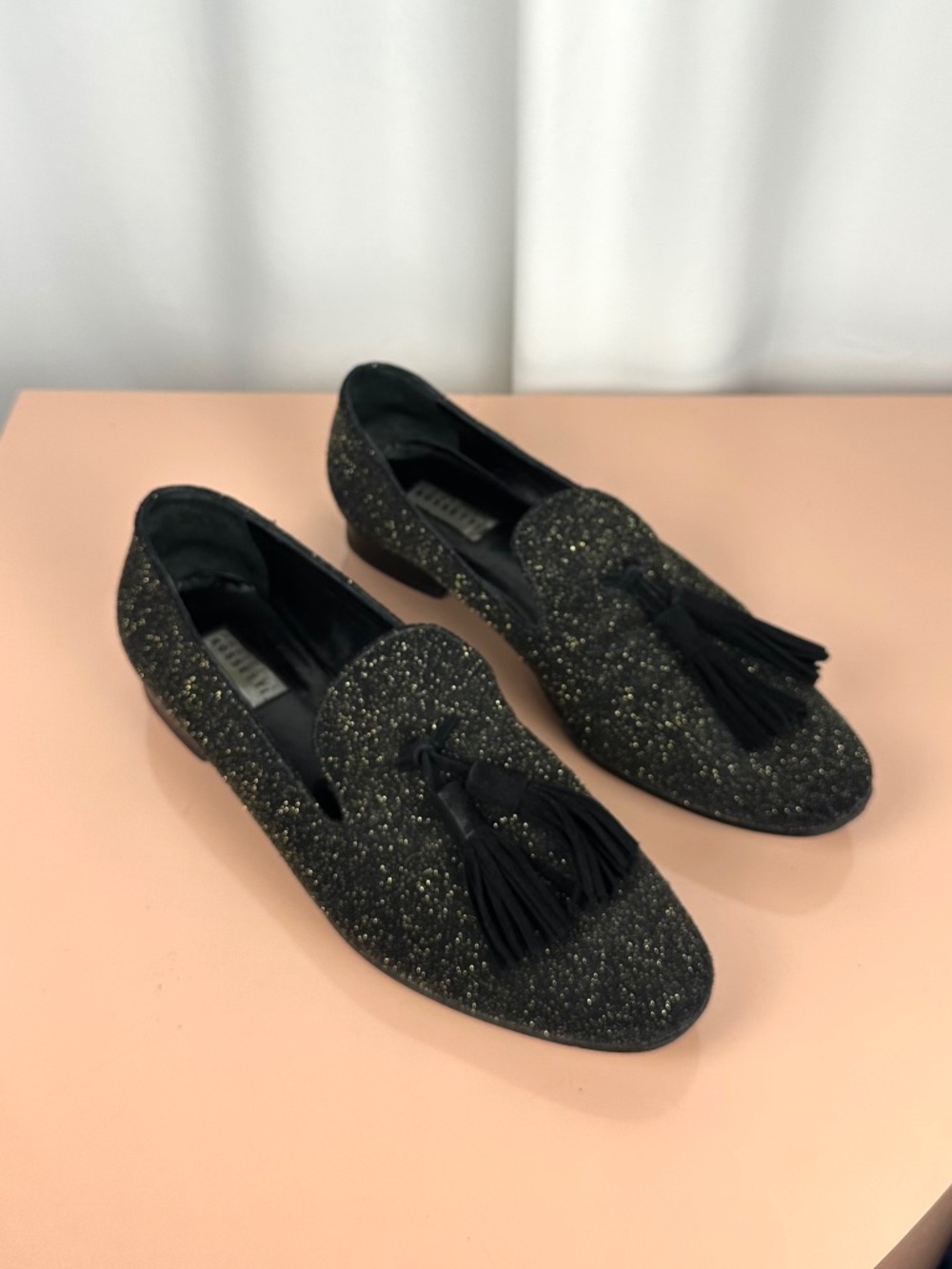 Fratelli Rossetti Star Lux Black Gold Glitter Tassel Loafers 38.5